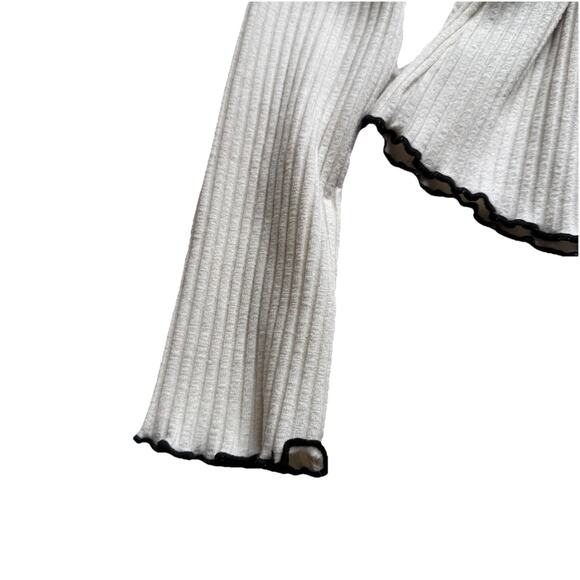 Mango MNG Ribbed Long Sleeve T-Shirt Cream Black Lettuce Edge Trim Mock Neck XS - Picture 6 of 13